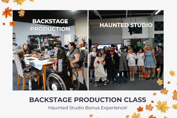 Students working backstage with lights, sets, and props at JDS Creative Academy