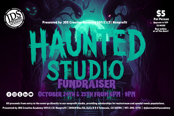 Haunted Studio Temecula 2025 poster promoting JDS Creative Academy’s Halloween fundraiser and community event.