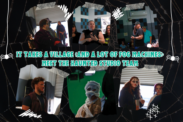 Haunted Studio team setting up fog machines and Halloween decorations at JDS Creative Academy.