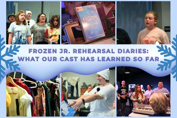 Frozen Jr cast rehearsing on stage, practicing dance and singing together